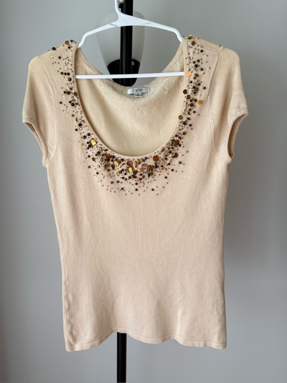 Cache Beige Scoop Neck Short Sleeve Top with Beaded Embellishment